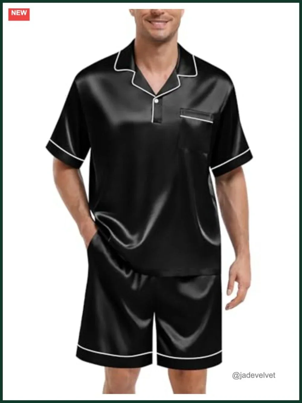 Mens Satin Pajama Set Short Sleeve Lapel Sleepwear with Pockets